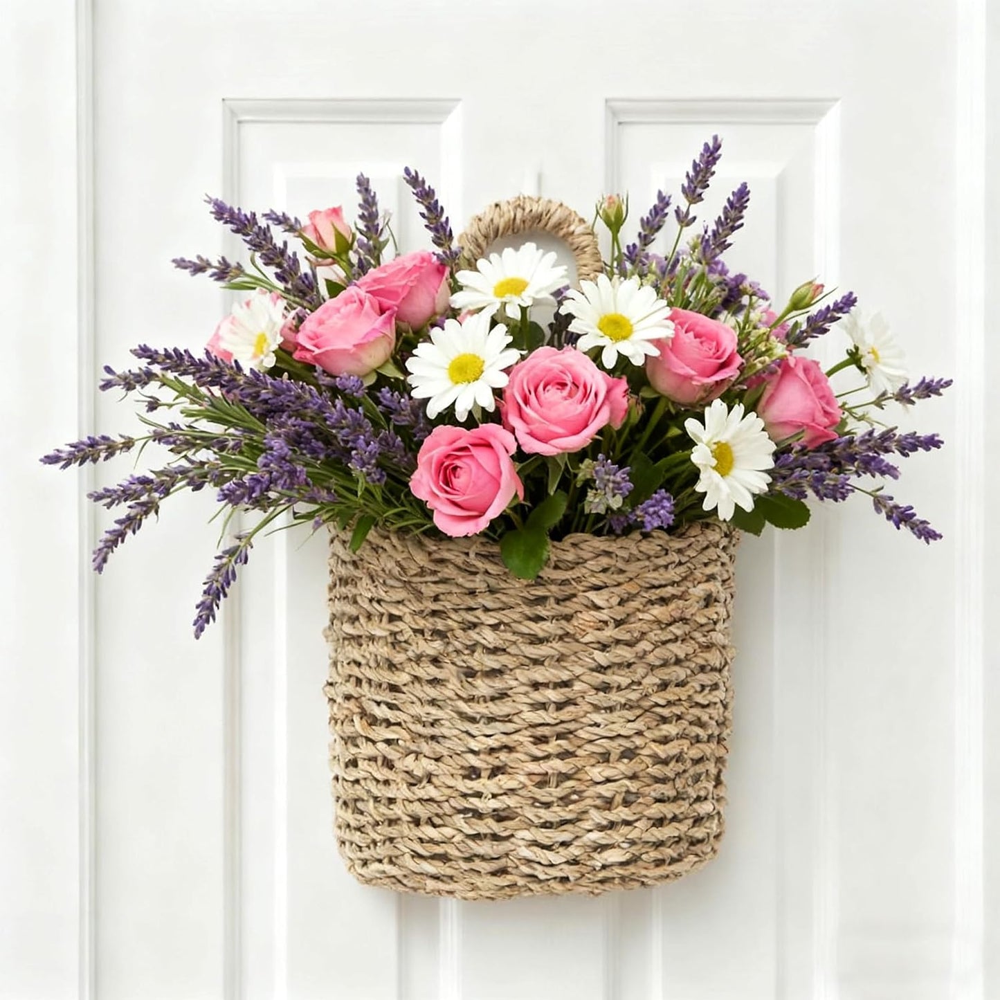 KINGWILLOW Seagrass Hanging front door decor Wall Basket | Handwoven Wall Mount Storage Basket for Bathroom Kitchen Entryway Living Room Lightweight Organizer for Small Plants Mail