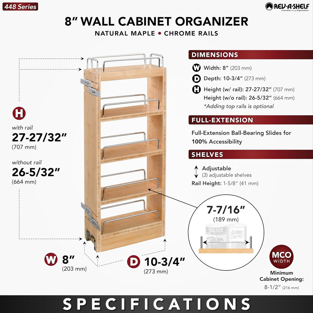 Rev-A-Shelf 8" Pullout Storage Organizer for Wall Kitchen Cabinets, Slid...
