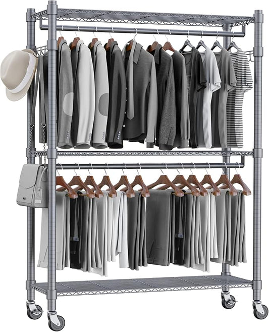 Homdox Rolling Clothes Rack Heavy Duty, 3-Tier Adjustable Wire Shelving Garment by HOMDOX