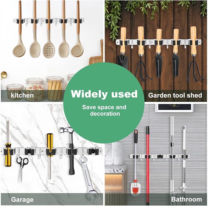 5Pcs 5 Racks 4 Hooks Stainless Steel Broom Mop Holder Anti Slip Wall Mount - Image 2