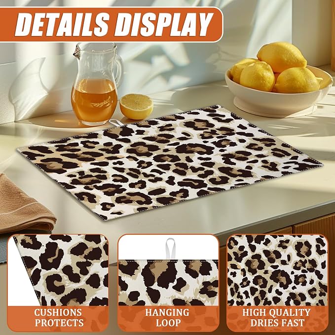 Brown Leopard Dish Drying Mat for Kitchen Counter Microfiber Absorbent Dish - Image 3
