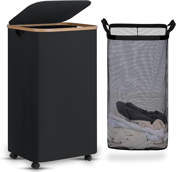 efluky Laundry Basket with Wheels, Tall Rolling Laundry Hamper with Lid and by efluky