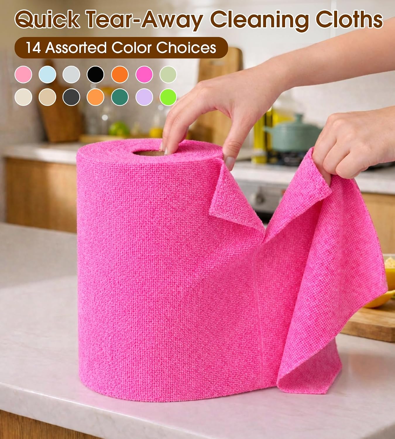 Microfiber Cleaning Cloth Roll, 100 Pack, 12 x 12 Inch Tear Away Reusable Paper Towels, Thick Cleaning Towels, Absorbent Lint Free Washable Rags for Kitchen, Car, Garage and Workshop - Hot Pink