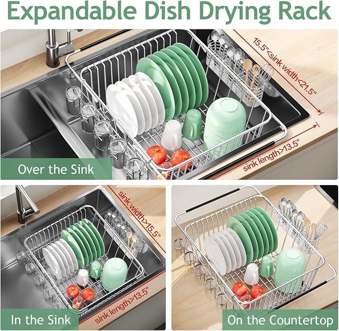Dish Drying Rack in Sink, Extendable Stainless Steel Dish Drainers - Image 2
