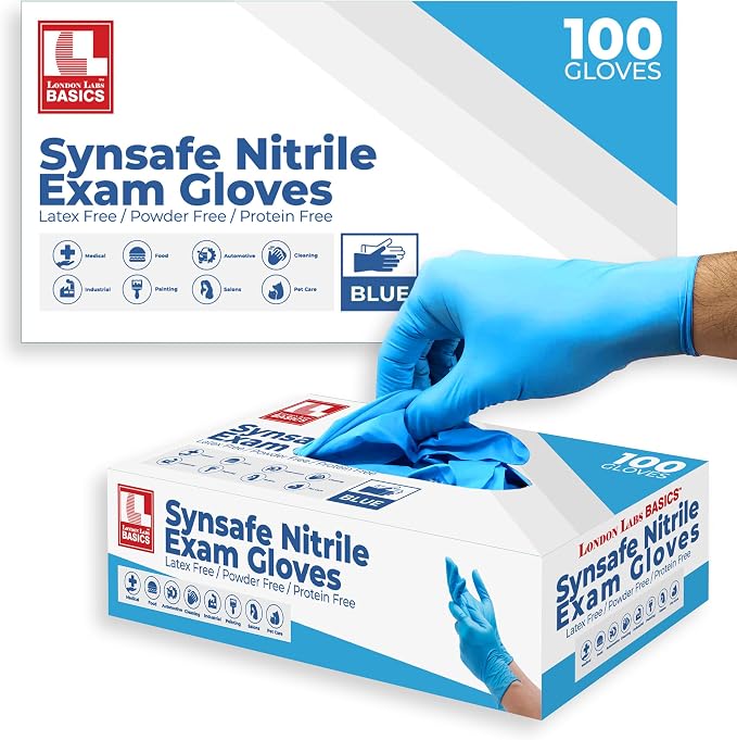 Synsafe 4 Mil - Blue Nitrile Exam Gloves –Disposable Latex Free & Powder Free – by LONDONLABS