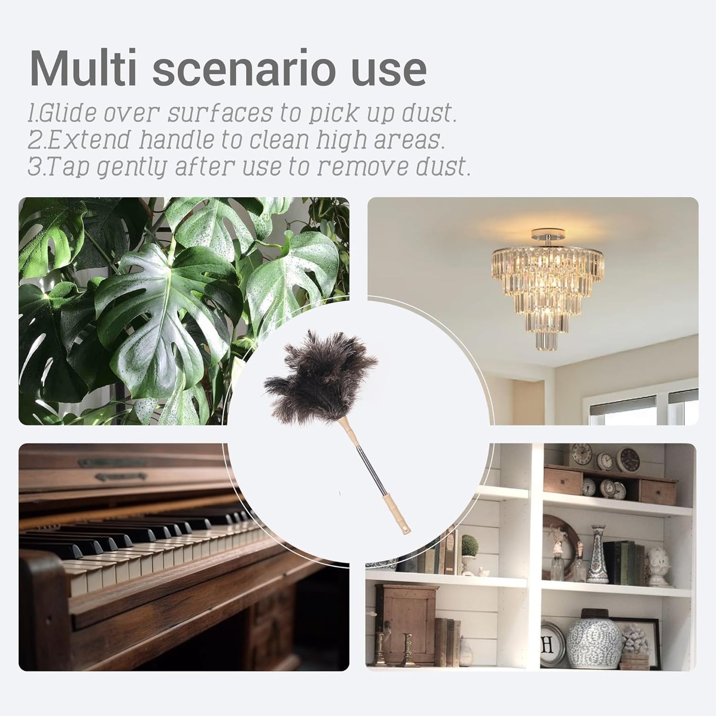Extendable Ostrich Feather Duster, Natural Ostrich Feathers Long Handle Duster for Cleaning, 47” Soft & Fluffy Feather Duster for High Ceilings, Fans, Walls, Furniture, Home Dusting