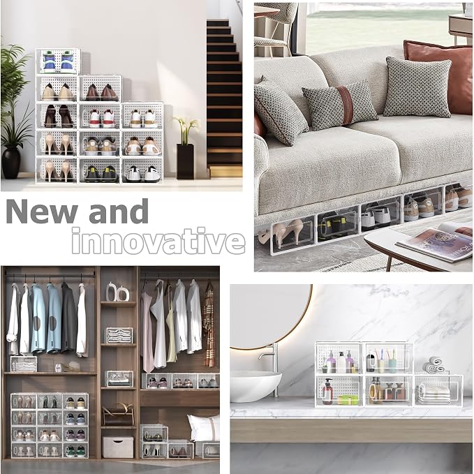 12 Pack Large Modular Clear Plastic Stackable Shoe Storage Organizer - Image 7