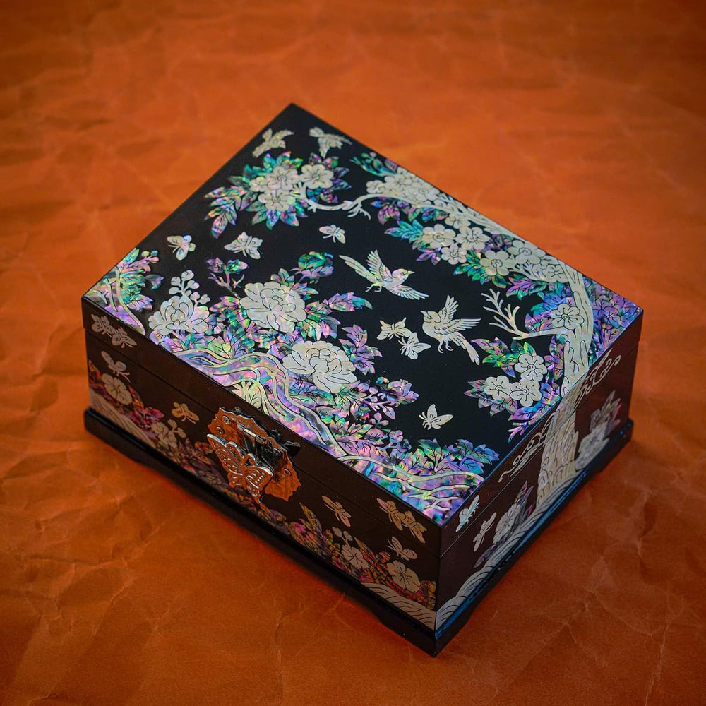 February Mountain Mother-of-Pearl Jewelry Box | Wooden Make | Two-Layer Velve...