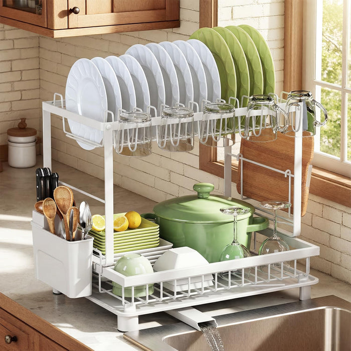 2-Tier Dish Drying Rack for Kitchen Counter, Space-Saving, White