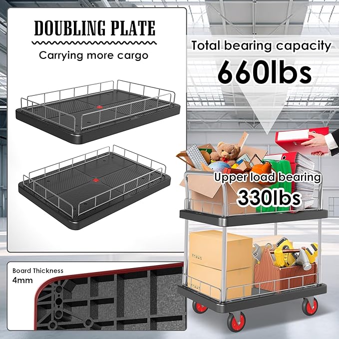 2 Shelf Utility Service Cart- 660lbs Capacity Heavy-Duty Plastic Rolling - Image 2