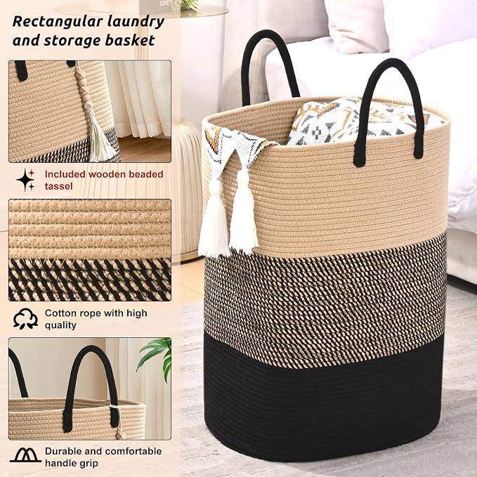Woven Laundry Basket for Clothes, 65L Large Rectangle Laundry Hampers - Image 3