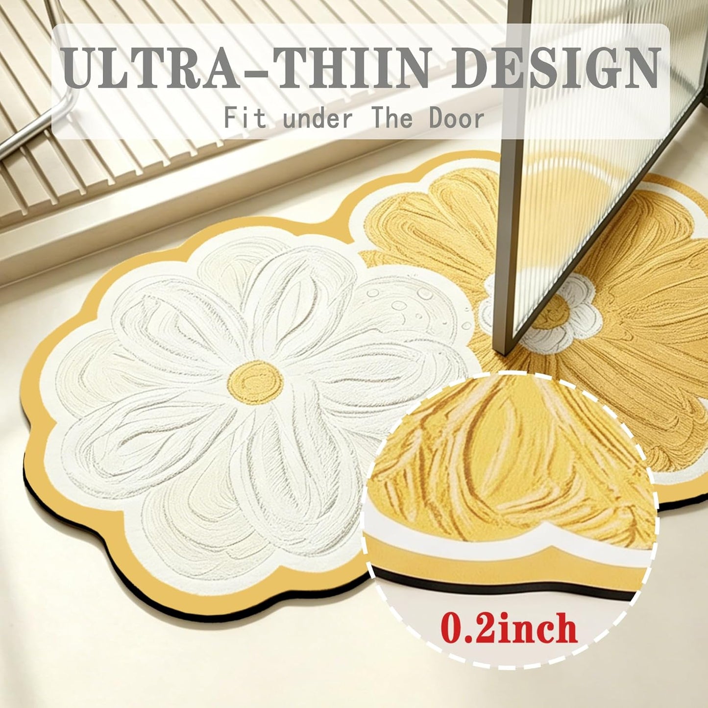 Yellow Daisy Shaped Bath Mat 20"x32", Faux Leather Non Slip Bathroom Rug, Super Absorbent & Easy Clean Shower Mat for Tub, Shower, Bathroom Floor, Vanity