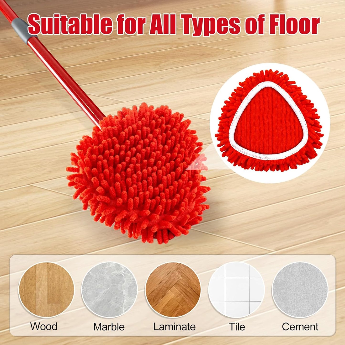 6 Pack Mop Replace Head for O Cedar, Mop Heads Replacements for Ocedar, Chenille Duster for O-Cedar Easywring 1-Tank Spin Mops, Reusable Red Chenille Dust Mop Pads for Dry Wet Use