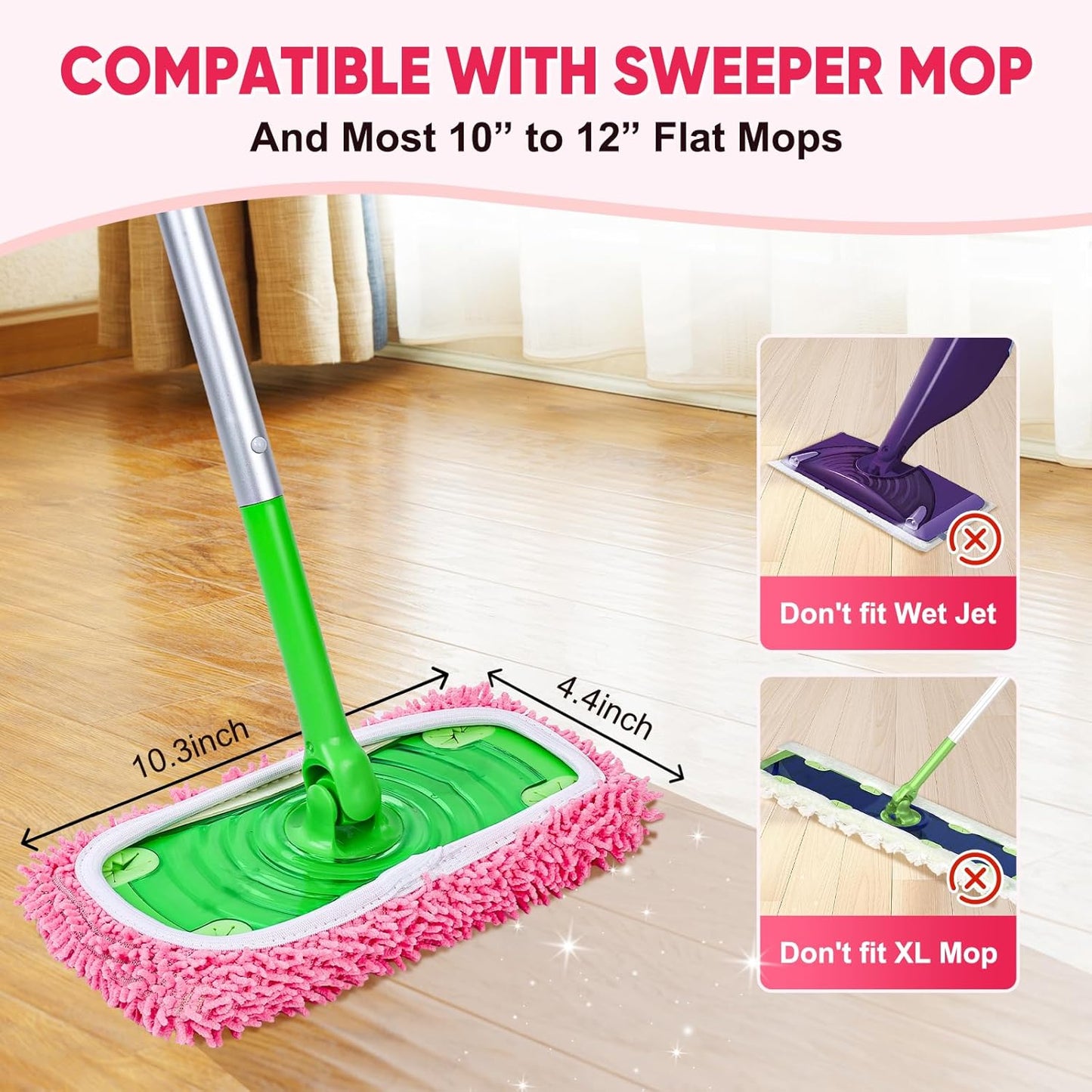 6 Pack Reusable Mop Pads Compatible with Swiffer Sweeper, Chenille Mop Refill Pads, Dry & Wet Mopping Cloths for Floor Cleaning -Pink