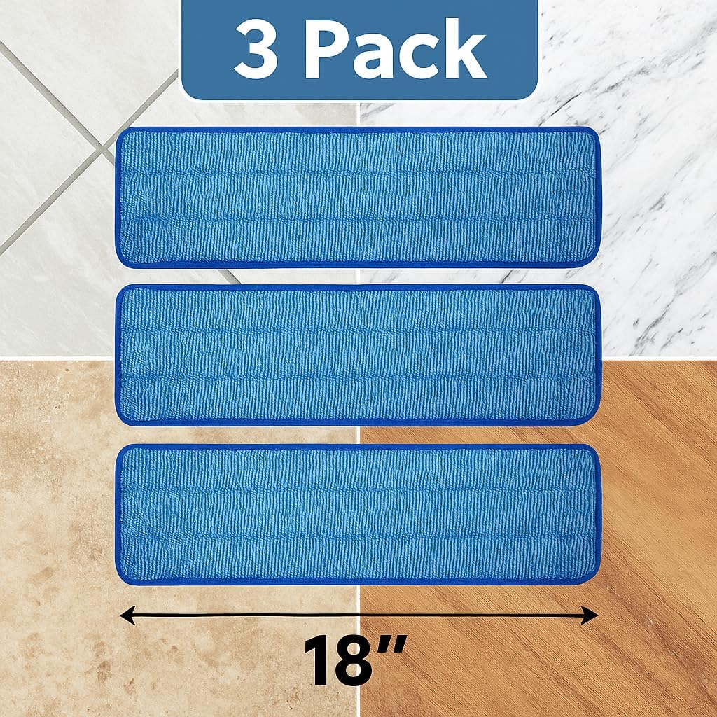3 Pack of 18 inch Microfiber Mop Pad Universal for Commercial/Industrial/Professional use. Fits 16-18 Inch Heads Heavy Duty Wet & Dry Cleaning Reusable Mop Refills Fit for Most Flat Mops