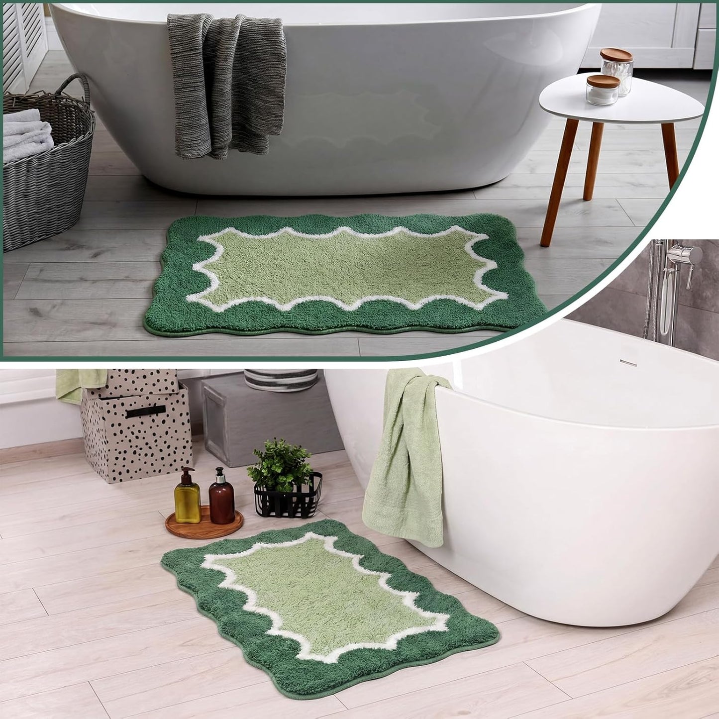 Green Cute Scalloped Bathroom Rug 20"x32" Plush Microfiber Scallop Bathroom Mat Non Slip Absorbent Quick Dry Bath Mat for Shower Room Floor Washable Carpet for Shower Tub Sink Bedroom