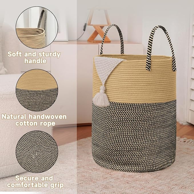 Large Woven Laundry Basket Hamper, 60L Cotton Rope Storage Bin - Image 6