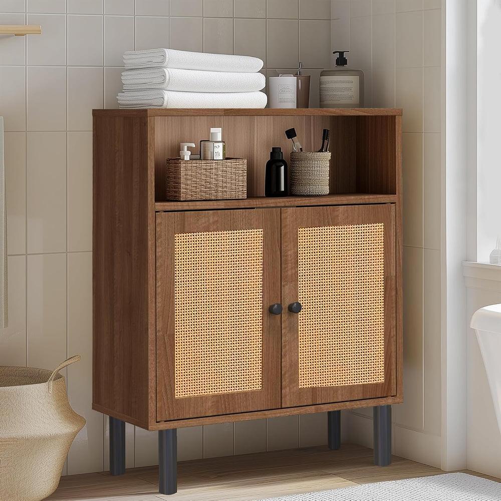 Rattan Storage Cabinet, Boho Accent Cabinet with Double Doors