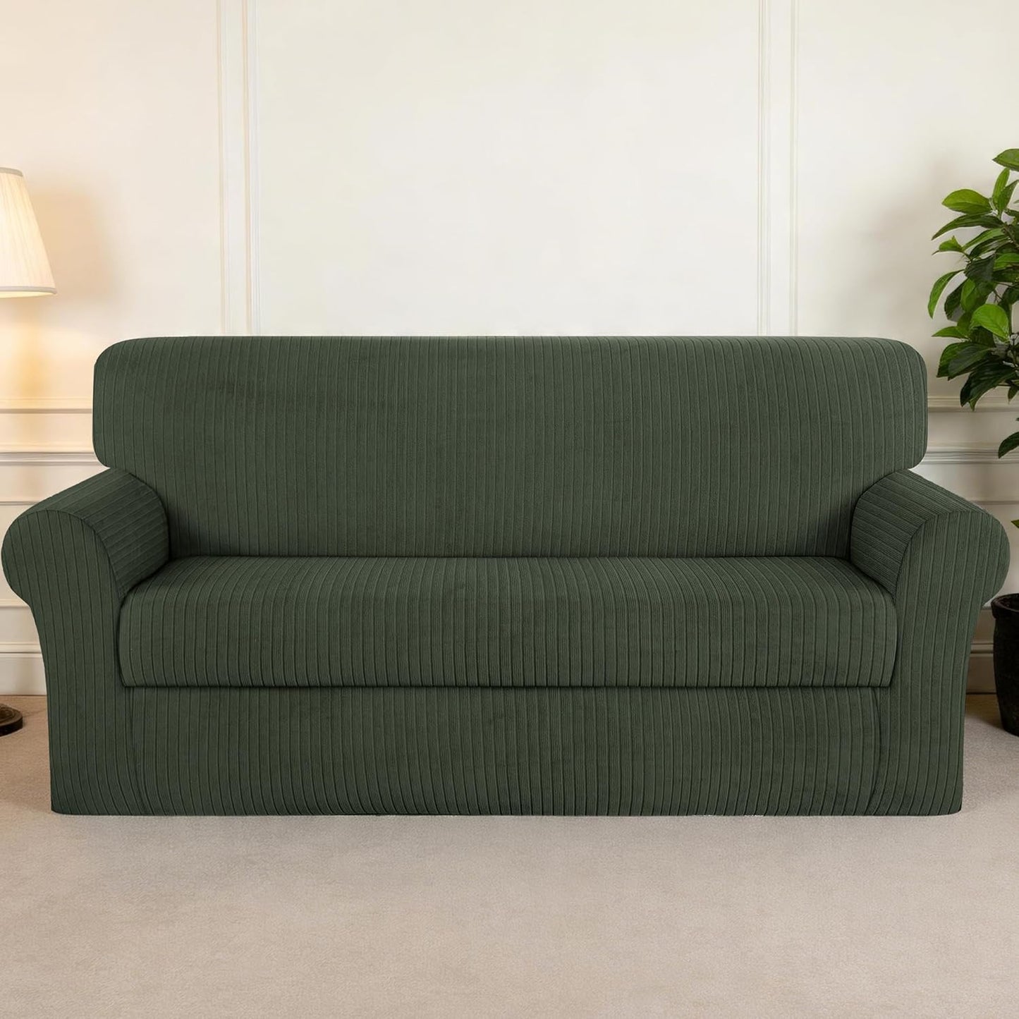 Sofa Cover Stretching Skid Resistance Couch Cover for Pets Washable, Thick and Durable Soft High Spandex Striped Pattern Sofa Covers, Form Fitted Sofa Slipcover(Sofa, Green)