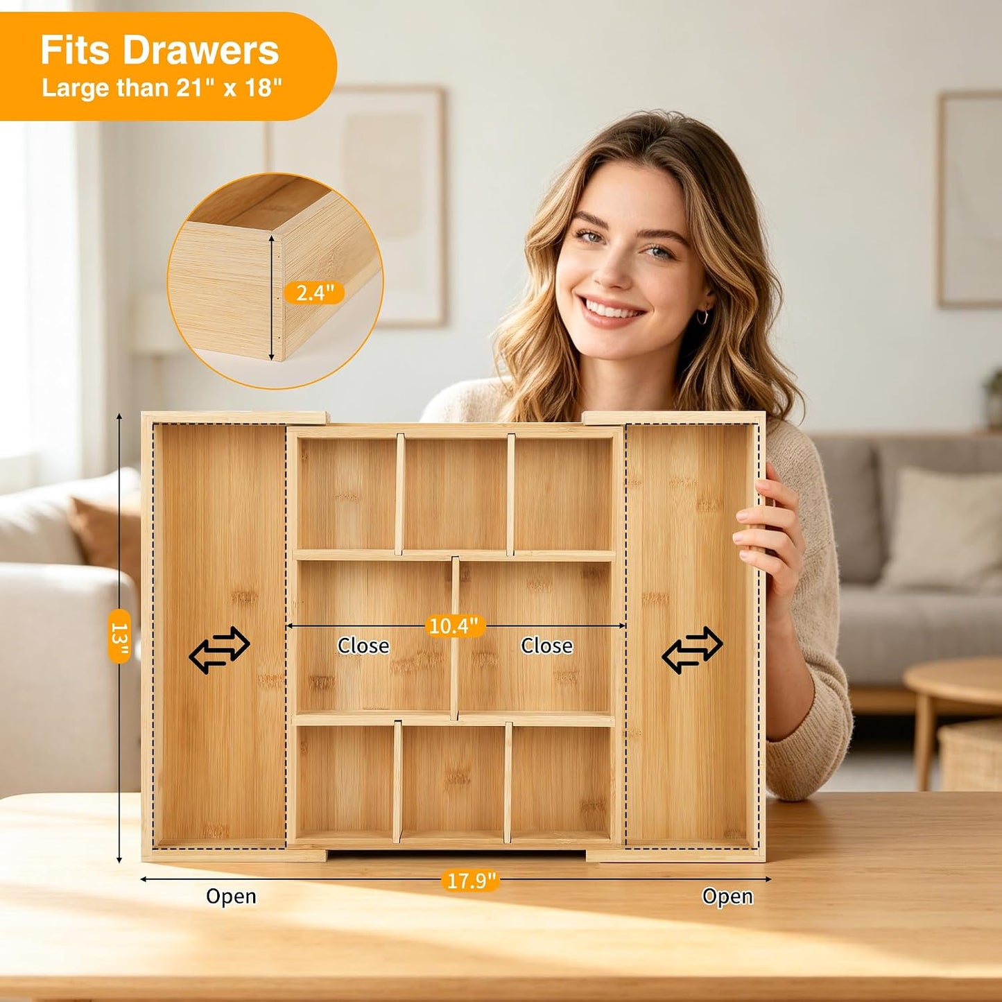 Bamboo Drawer Organizer Expandable Desk Storage Set, 10 Adjustable Compartment Junk Drawer Divider and Trays Containers for Kitchen Utensil, Office Supplies, Makeup, Jewelry & Cosmetics Organization