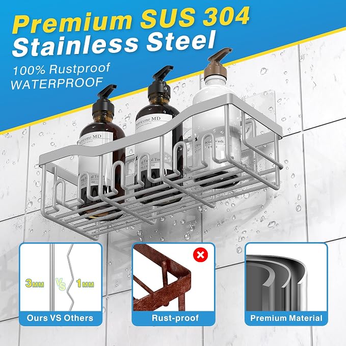 EUDELE 5-Pack Rustproof Stainless Steel Shower Caddy – No Drill Adhesive - Image 5