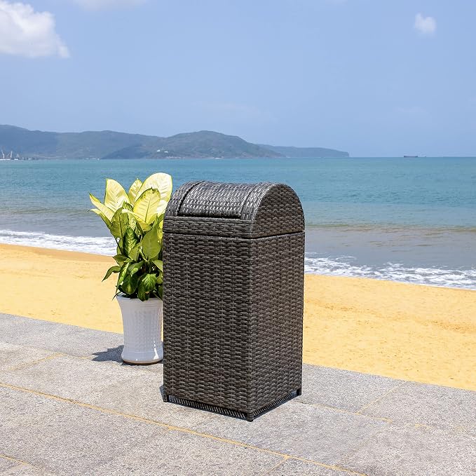 SAFAVIEH Outdoor Collection Mazeli Grey Brown Woven Swing Top Dome Lid Trash by SAFAVIEH