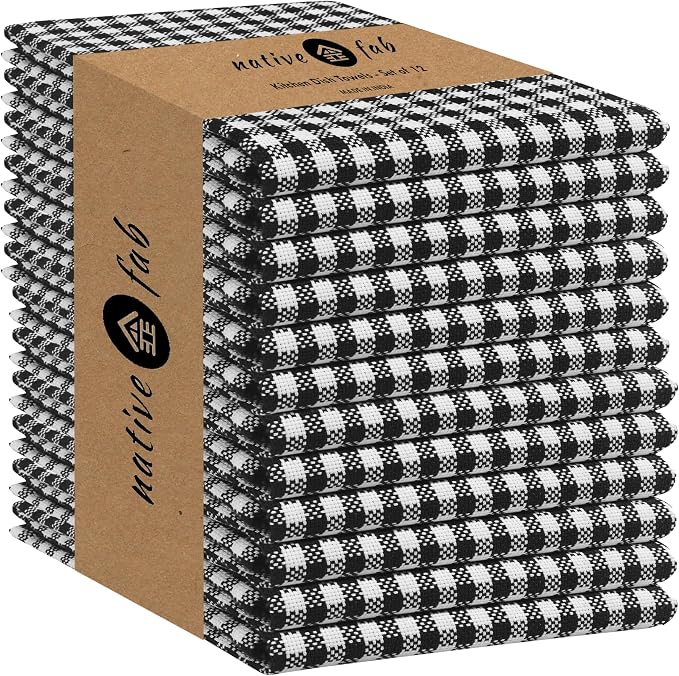 Native Fab Black Gingham Dish Towels 16"x26" Set of 12 by NativeFab