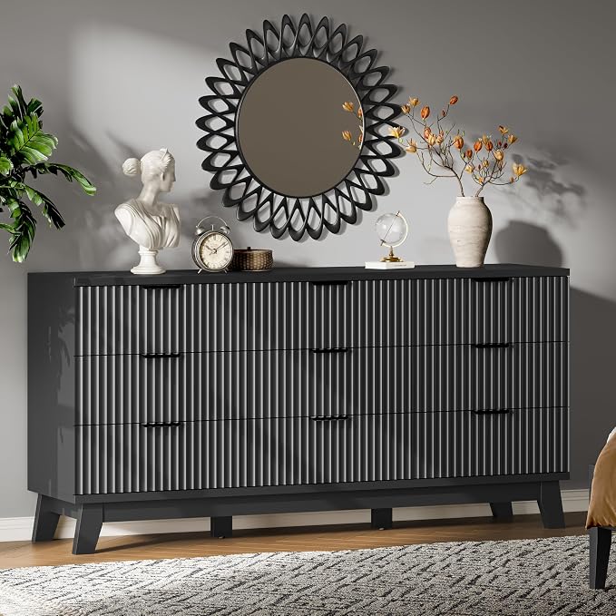 Fluted Dresser with 9 Drawers, Wooden Dresser TV Stand, Wood Closet Clothes by Xixini