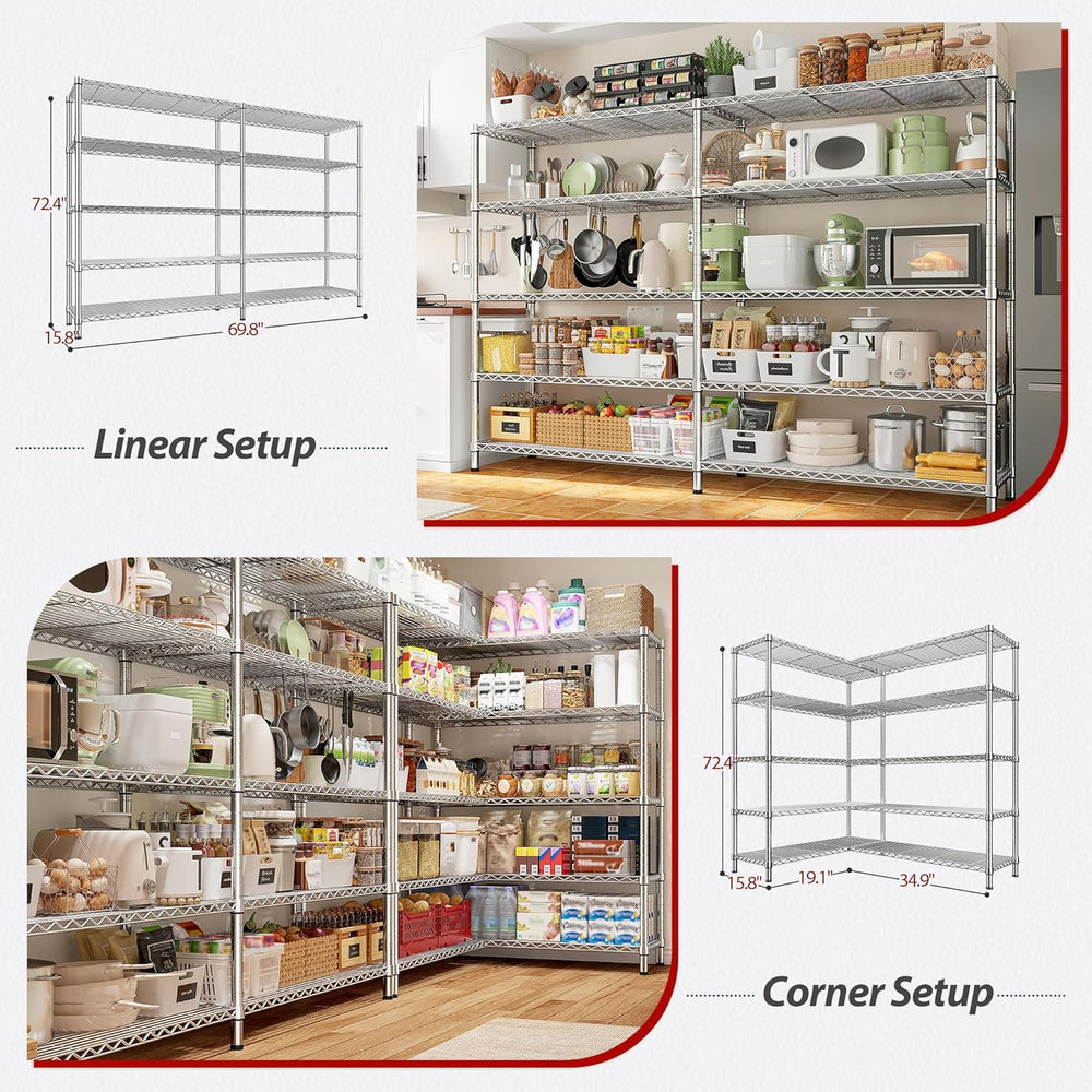 REIBII 69.8" W Storage Shelves 1510LBS Wire Shelving Unit 5 Tier Metal S...