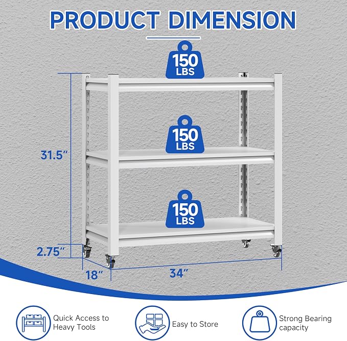 34''W Garage Heavy Duty 3-Tier Adjustable Storage Rack, Steel Shelving - Image 2