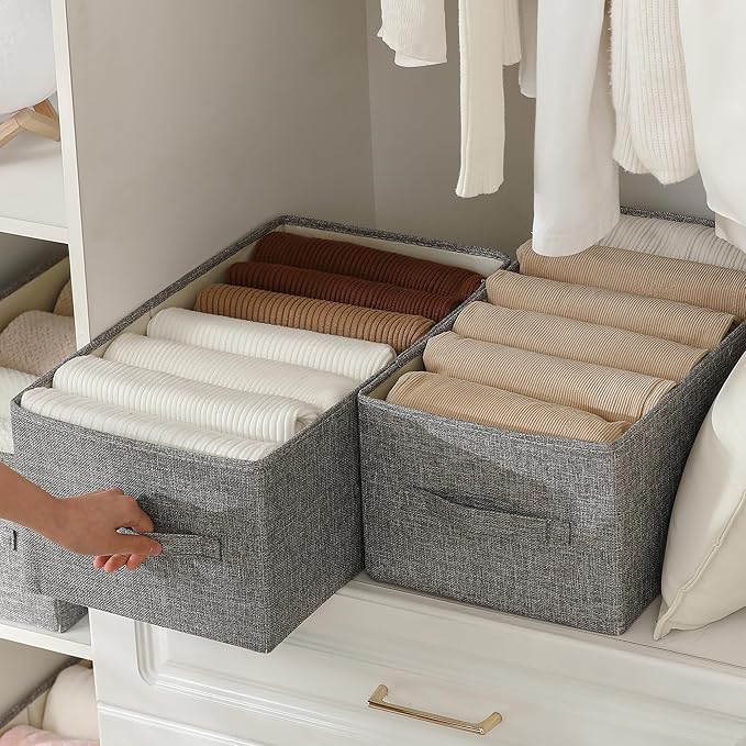 Linen Folding Storage Bins, 3 Pack Large Storage Baskets, Clothing Storage Bins - Image 4