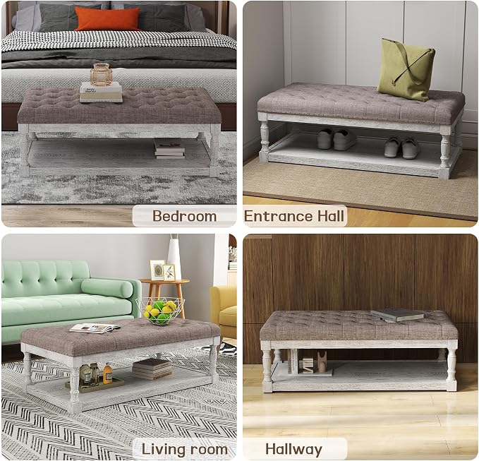 48" Large Ottoman with Storage Coffee Table, Upholstered Tufted Linen Ottoman - Image 5