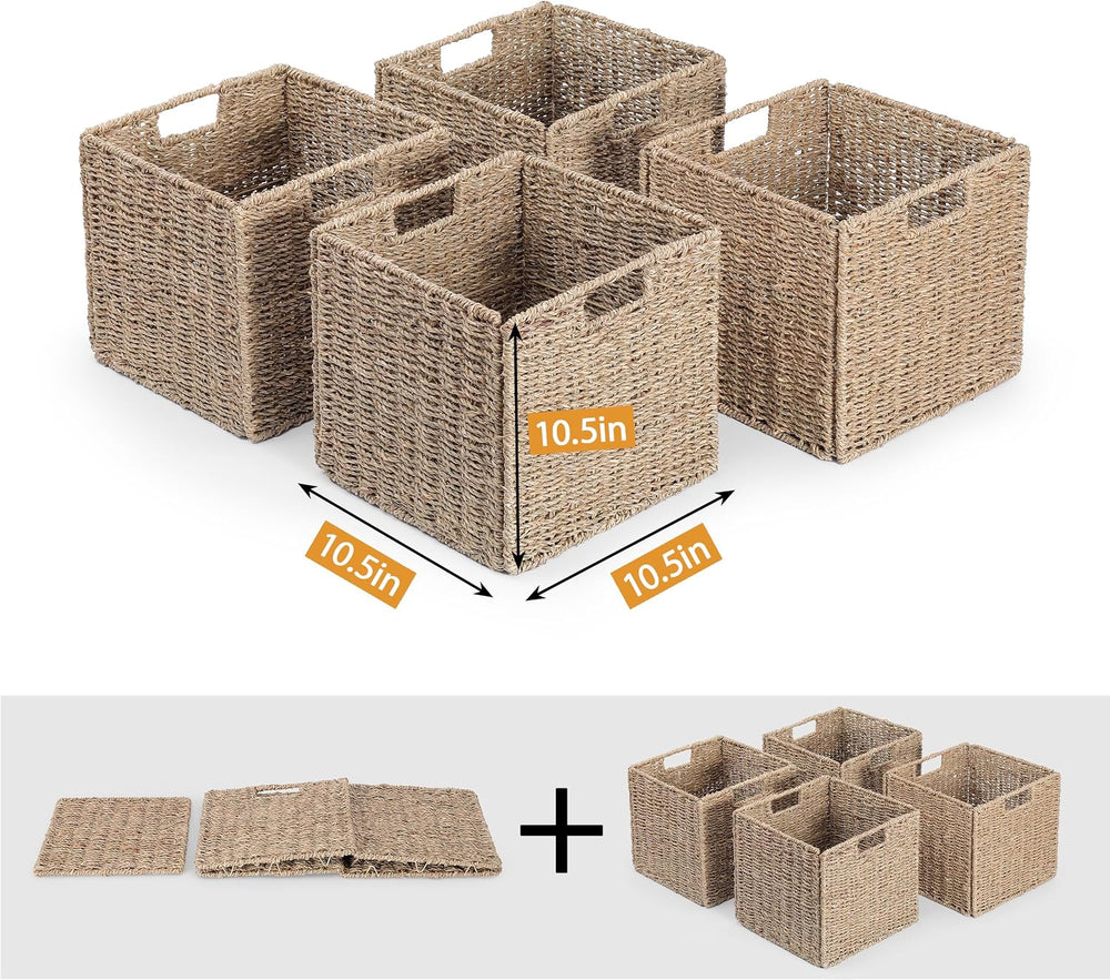 10.5 x 10.5in Seagrass Storage Baskets Set of 4, Cube Foldable Woven Storage ...