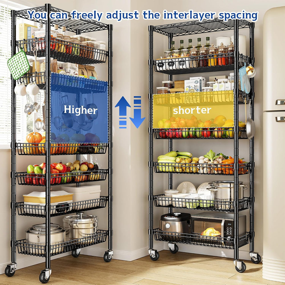 DurayLoly 7-Tier Wire Shelving Unit with Basket Shelf & Wheels