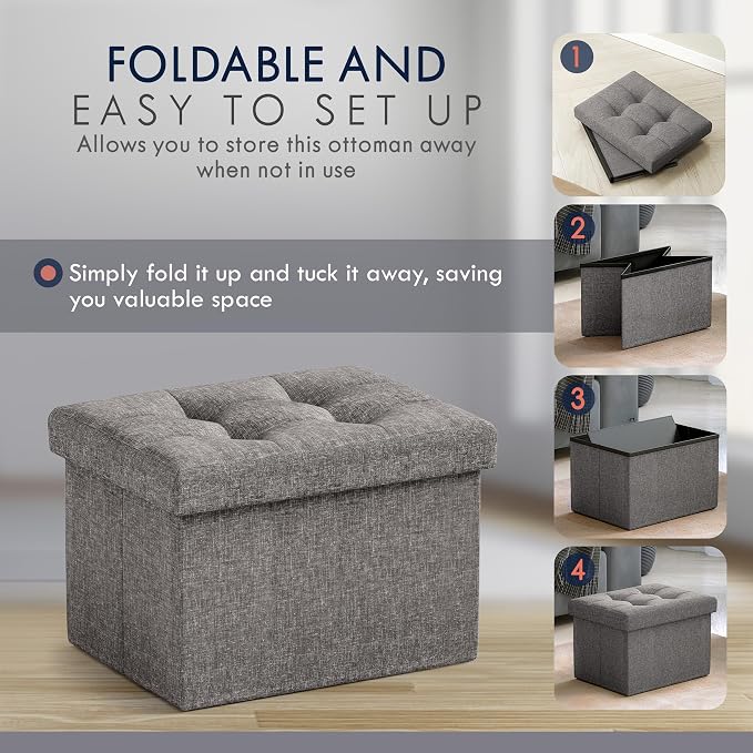 Ornavo Home Small Storage Ottoman Foldable Collapsible Rectangle Linen Ottoman - Image 5