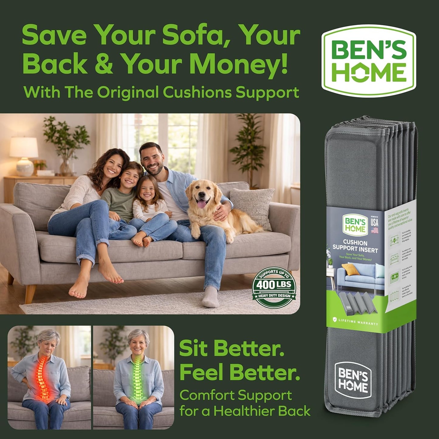 BEN'SHOME® Couch Cushion Support Board for Sagging Sofas - Stop Sinking Into Your Couch | 0.5" Thick Solid Wood, 400 LBS | Fits 58–67" x 19.7" | Anti-Slip, Lifetime Replacement
