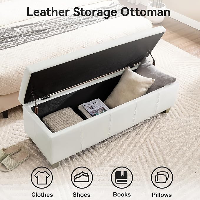41" Faux Leather Storage Ottoman, Stitch Tufted Rectangle Upholstered End of - Image 3