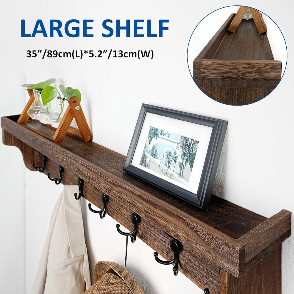 WEBI Rustic Coat Rack Wall Mount with Shelf,35" Long Wall Shelf with Hoo...