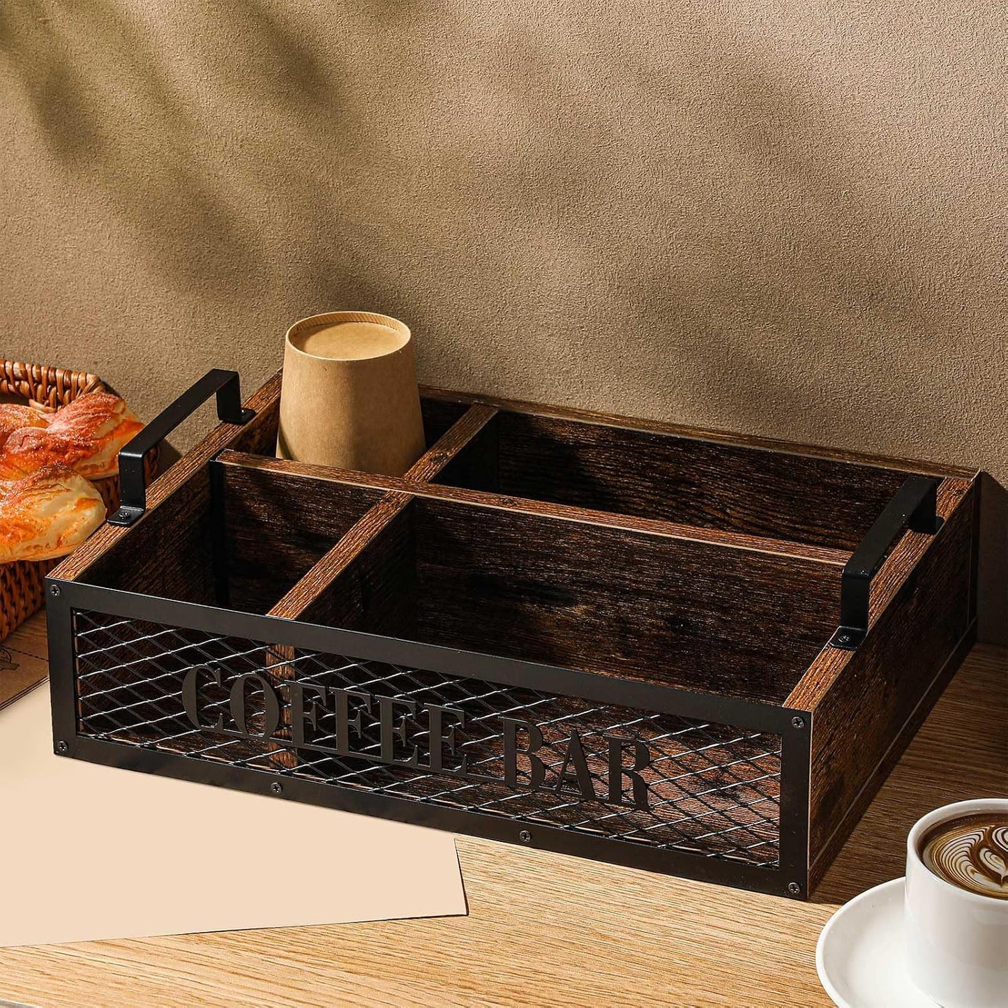 Yalikop Coffee Station Organizer for Countertop, All in One No Assembly Wood Coffee Creamer Bar Holder with Iron Mesh, Office Tea Bar Accessories Gift for New Home Birthday(Brown,Natural)