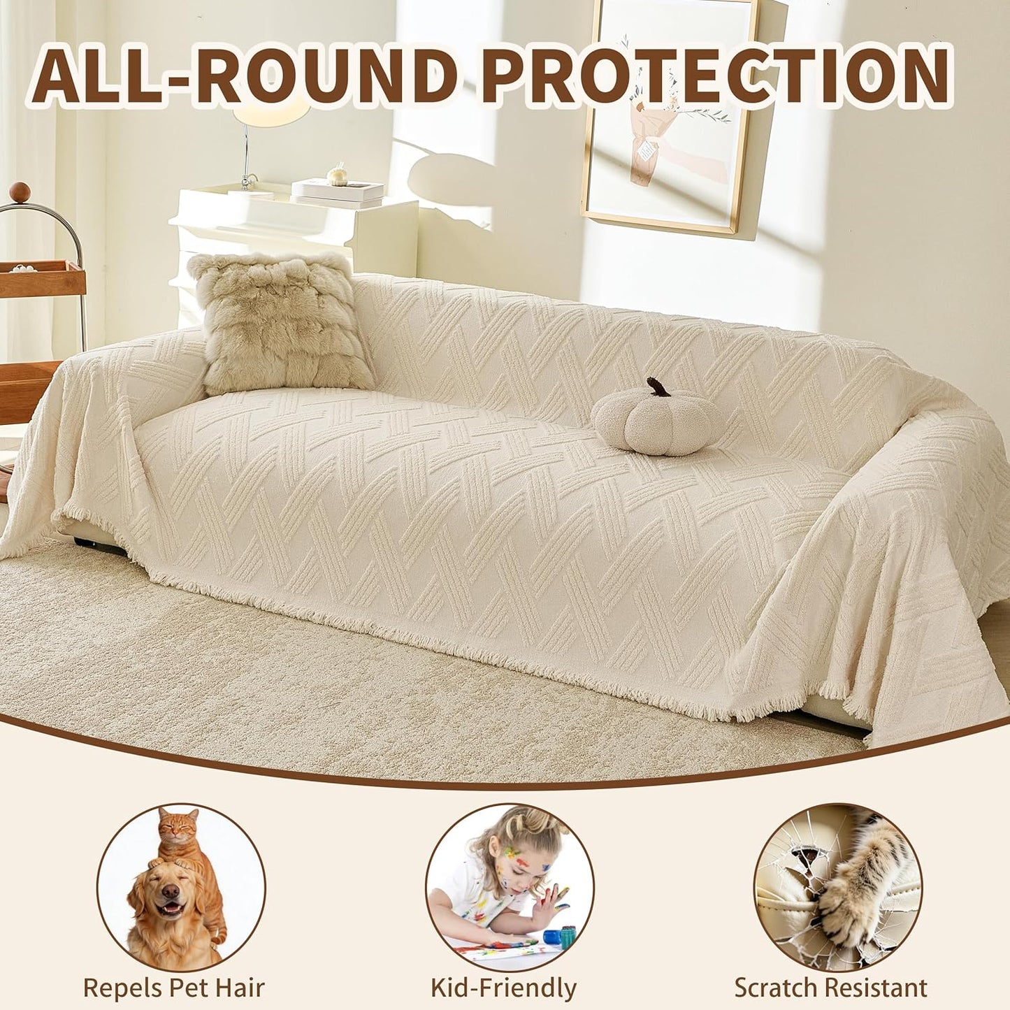 Couch Covers for Dogs, Sofa Covers for 2 Cushion Couch, Plush Couch Blanket Cover Sectional Washable, Sofa Slipcover Protector, Slip Covers for Sofas High Weight Warm, Chevron Cream, 71" ×102"