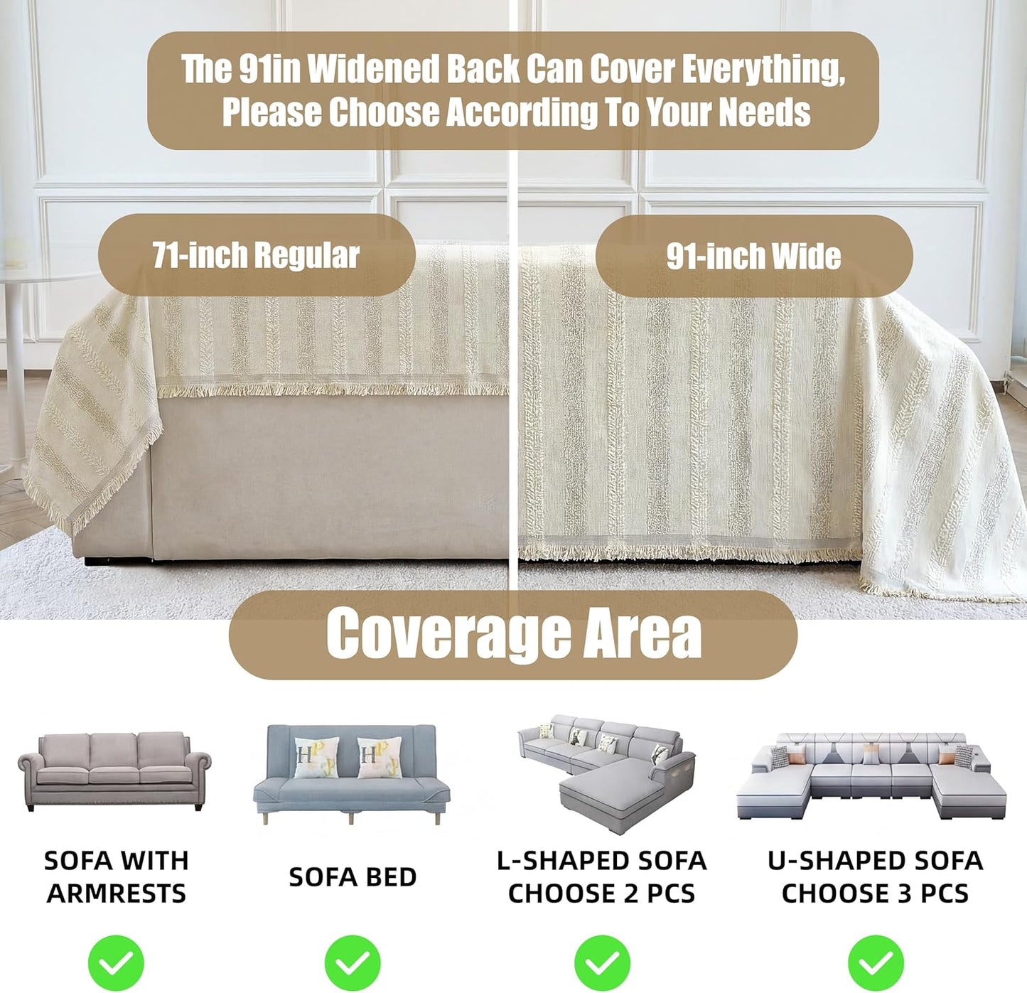 Couch Cover for Dogs Washable Sofa Cover, Sectional Couch Covers, Sofa Covers for 2 Cushion Couch, Non Slip Stripe Sofa Slipcovers Furniture Protector (Beige, 71x102)