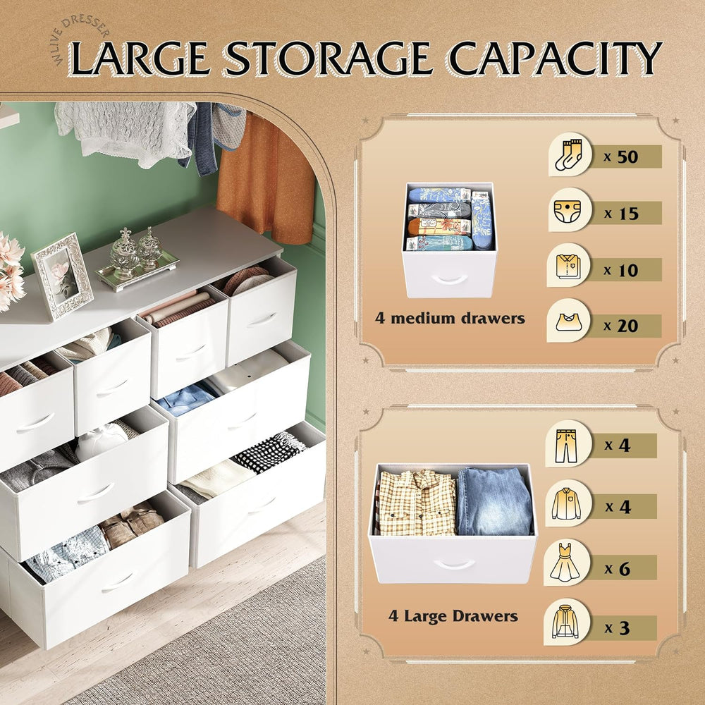 WLIVE Wide Dresser for Bedroom, 8 Drawer Chest of Drawers, White