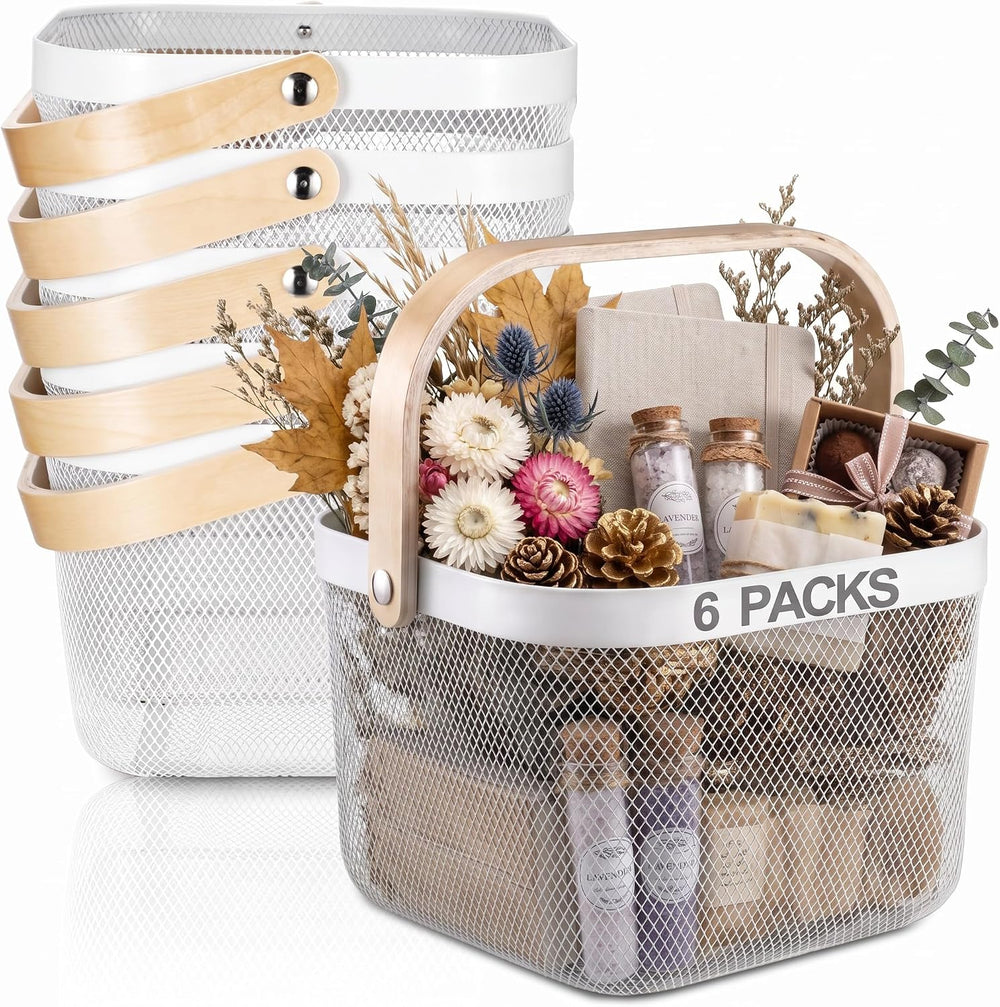Roshtia 6 Pcs Metal Mesh Basket with Handle, White Garden Basket for Fall
