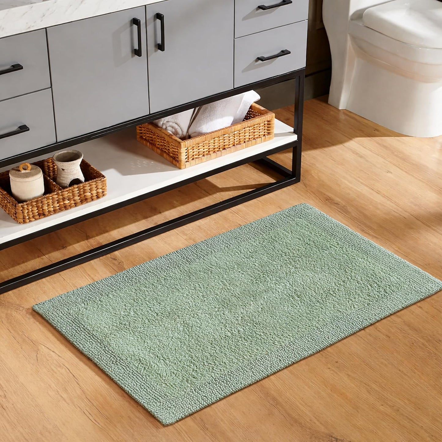 Cotton Reversible Bath Mat 20x32 Inch Sage Green, 100% Cotton Bathroom Rug, Soft Absorbent, Anti Skid, Machine Washable Bathmat for Shower, Tub, Entryway