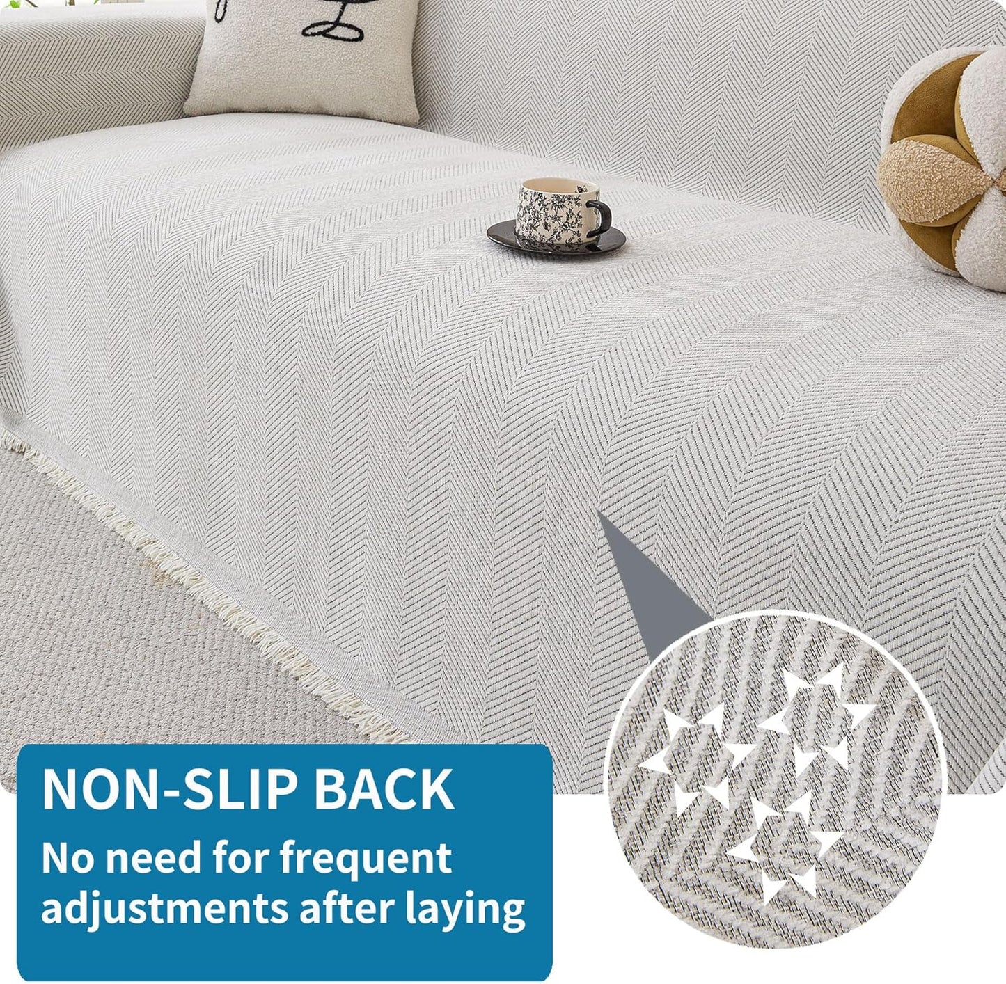 HAOMAIJIA Non Slip couch cover sofa covers for 3 cushion couch Washable sectional couch covers for Dogs pet Furniture Protector Couch Cover Blanket for Living Room (Off white, 91"x150")