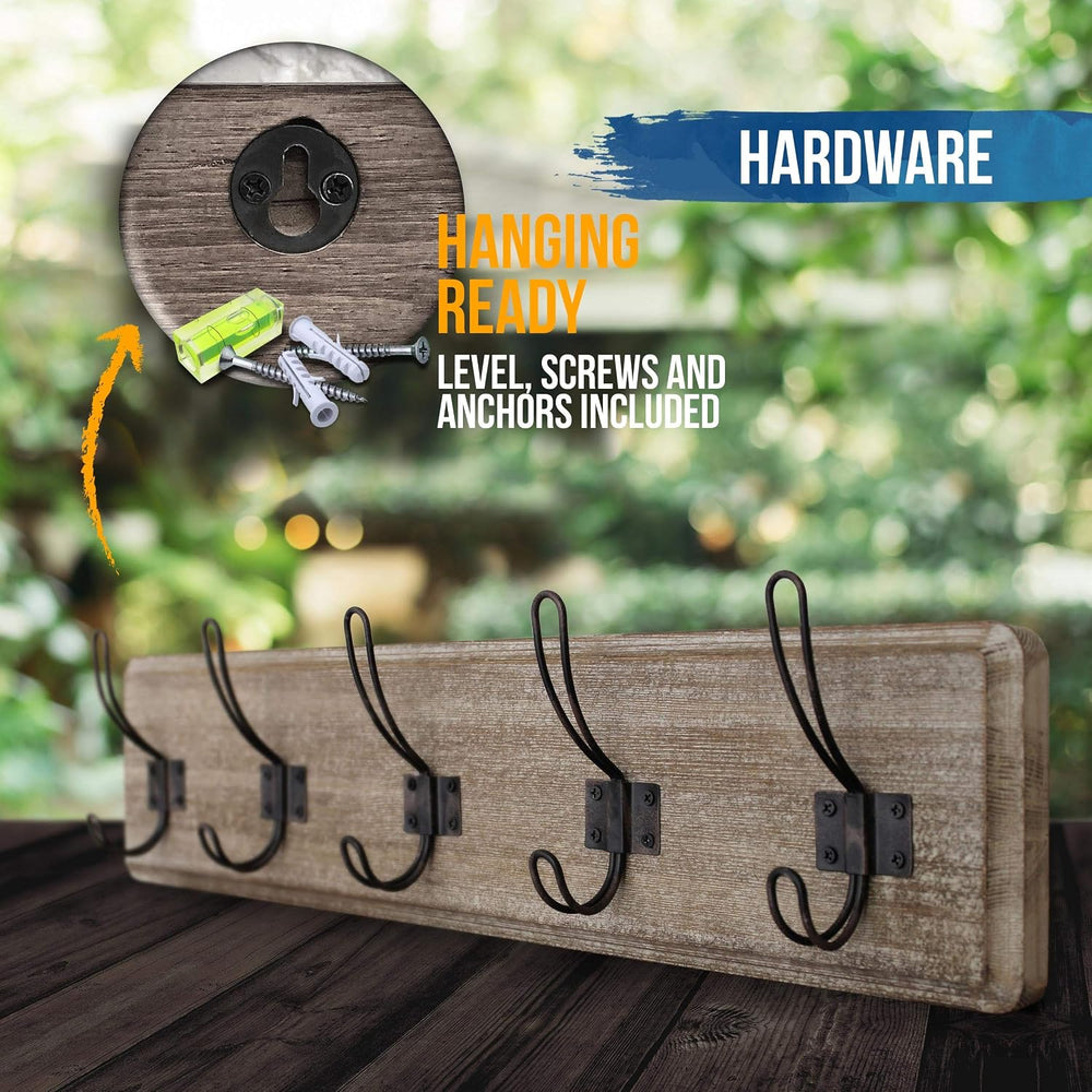 HBCY Creations Weathered Rustic Coat Rack Wall Mount with 5 Hooks, Solid Pine...
