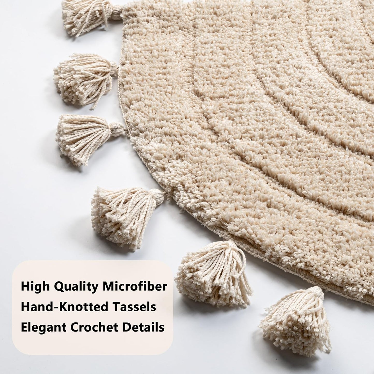 Cute Boho Bathroom Rug with Tassels, Non Slip Absorbent Plush Soft Half Circle Bath Mat, Hand-Woven Fun Semicircle Bath Rug for Bathroom Floor, Bohemian Decor, Machine Washable, 20"x32", Beige