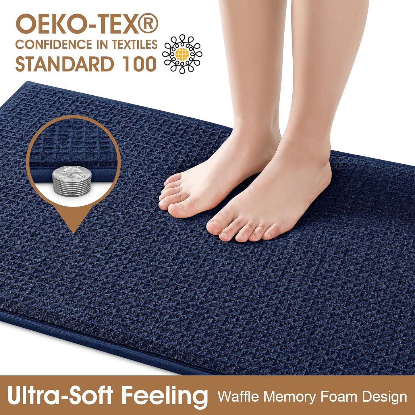 Memory Foam Bath Mat, Ultra Soft Absorbent Waffle Bathroom Rugs, Super Non-Slip PVC Backing Bath Rug Quick Dry, Machine Washable Rug for Tub, Shower, Home Decor Accessory, 24" x 17", Navy Blue