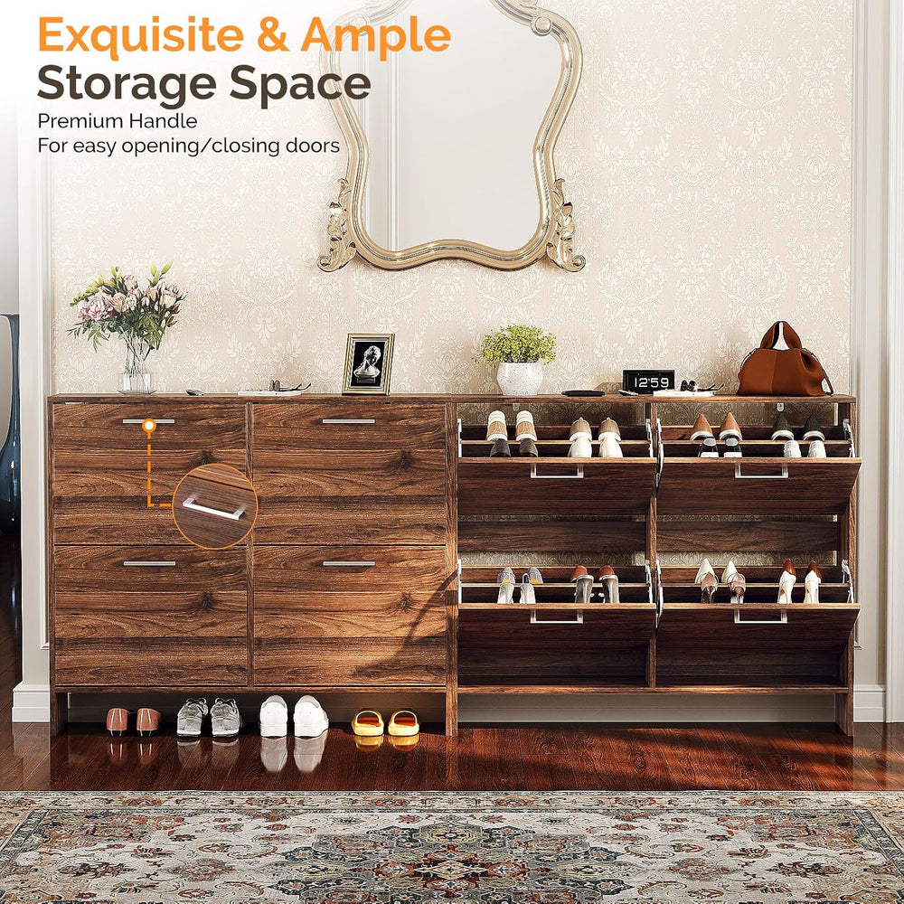 VINGLI Walnut Shoe Cabinet for Entryway, Slim Rustic Shoe Storage Cabinet wit...