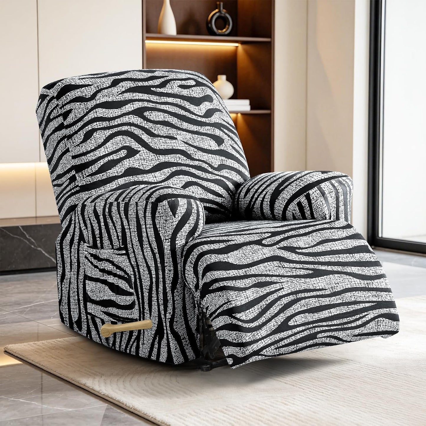 VANSOFY 4-Piece Stretch Recliner Chair Covers, Non-Slip Zebra Stripe Recliner Slipcovers with Elastic Bottom, Washable Furniture Protector for Pet Kids Friendly (1 Seater, Black)